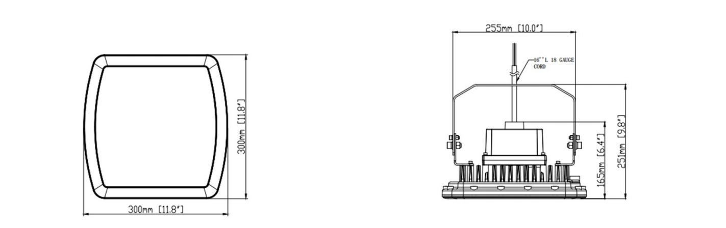 Dimension Drawing of 100W Flood Light
