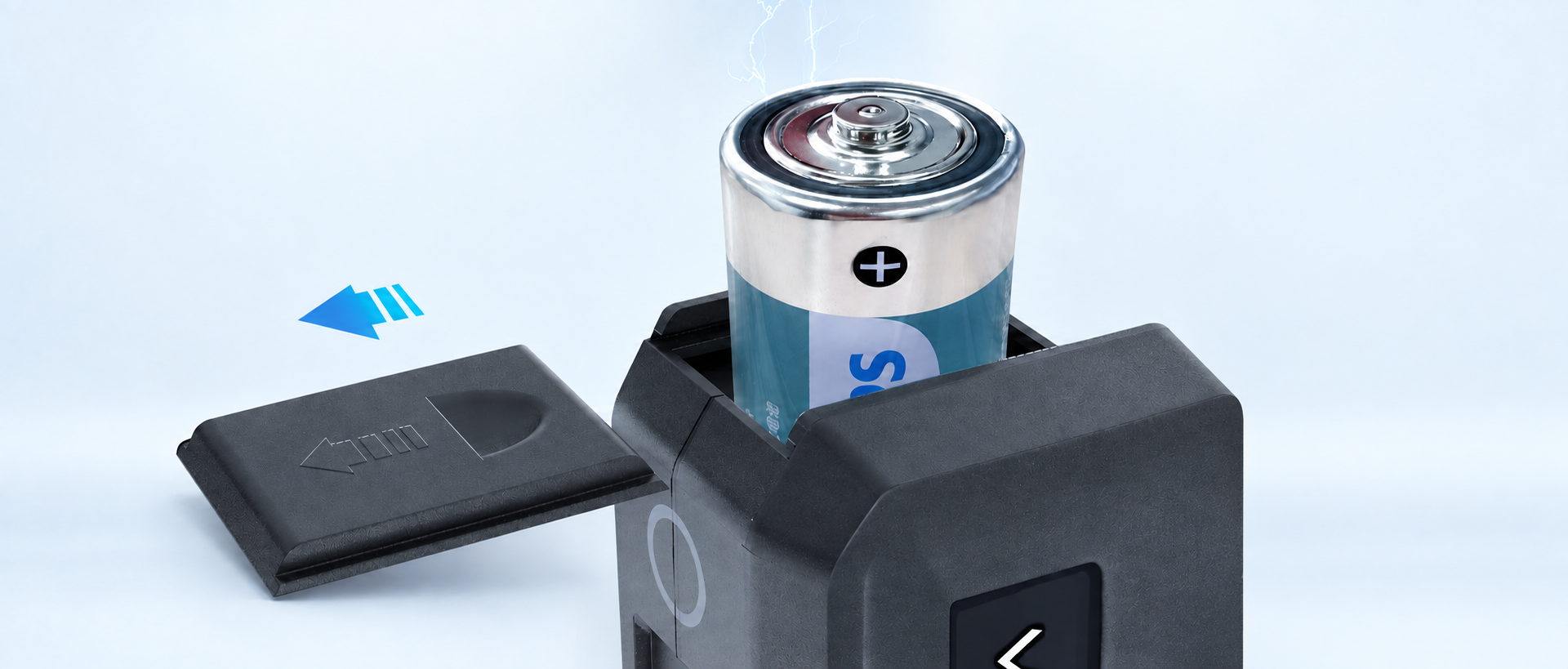 Close-up of a D-cell battery being replaced through the forklift level indicator's sliding bottom cover