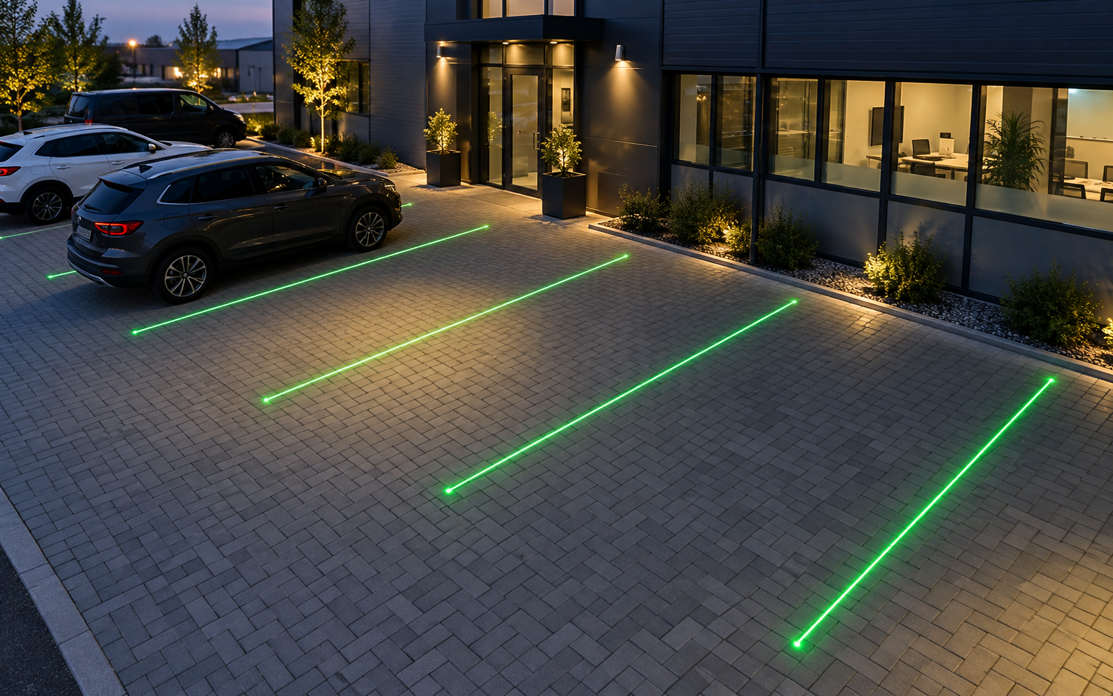 Zelen&aacute; laserov&aacute; bezpečnostn&iacute; projekce pro venkovn&iacute; parkoviště