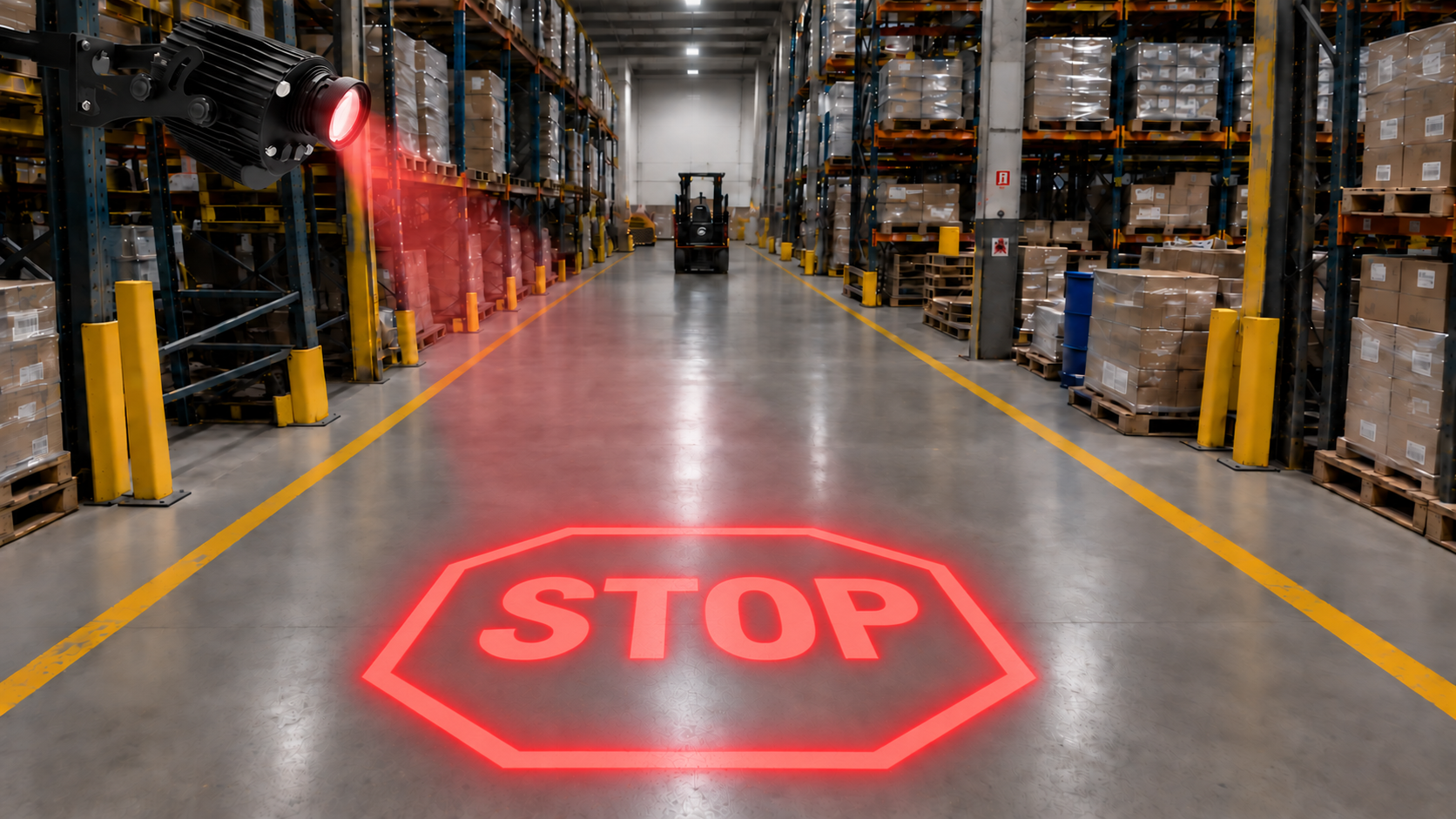 Bright LED gobo STOP projection on a clean warehouse floor