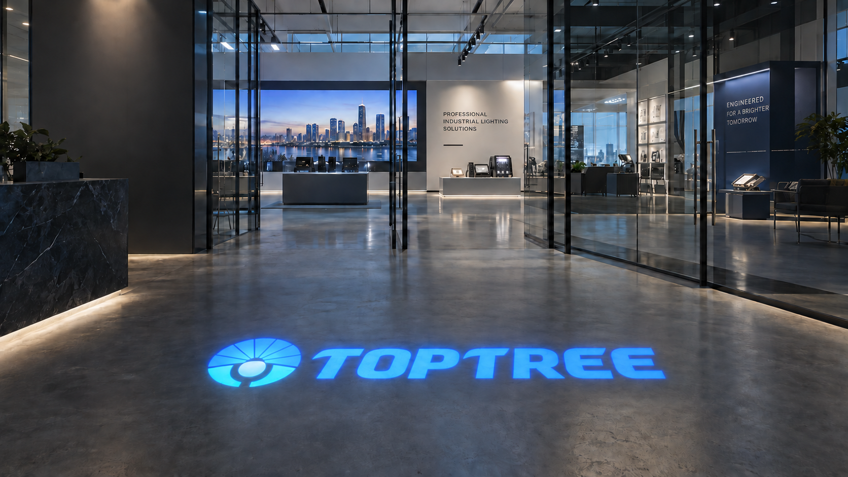 TOPTREE brand projection at a company showroom entrance