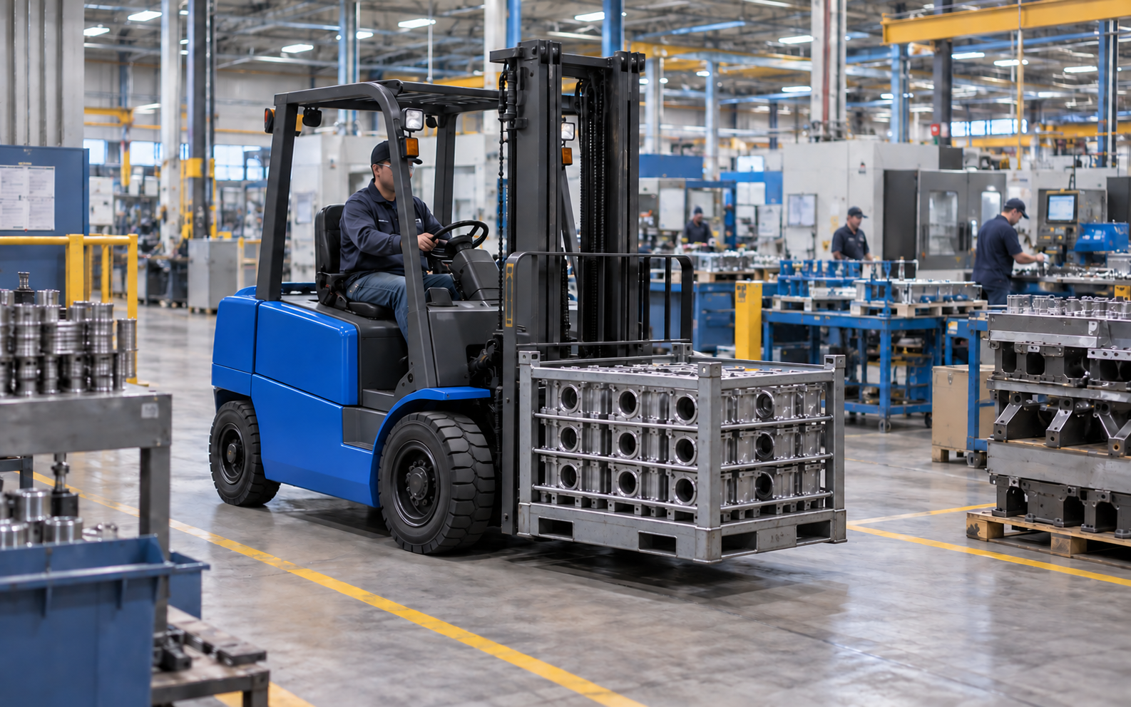 Blue electric forklift transporting secured palletized components through a manufacturing facility