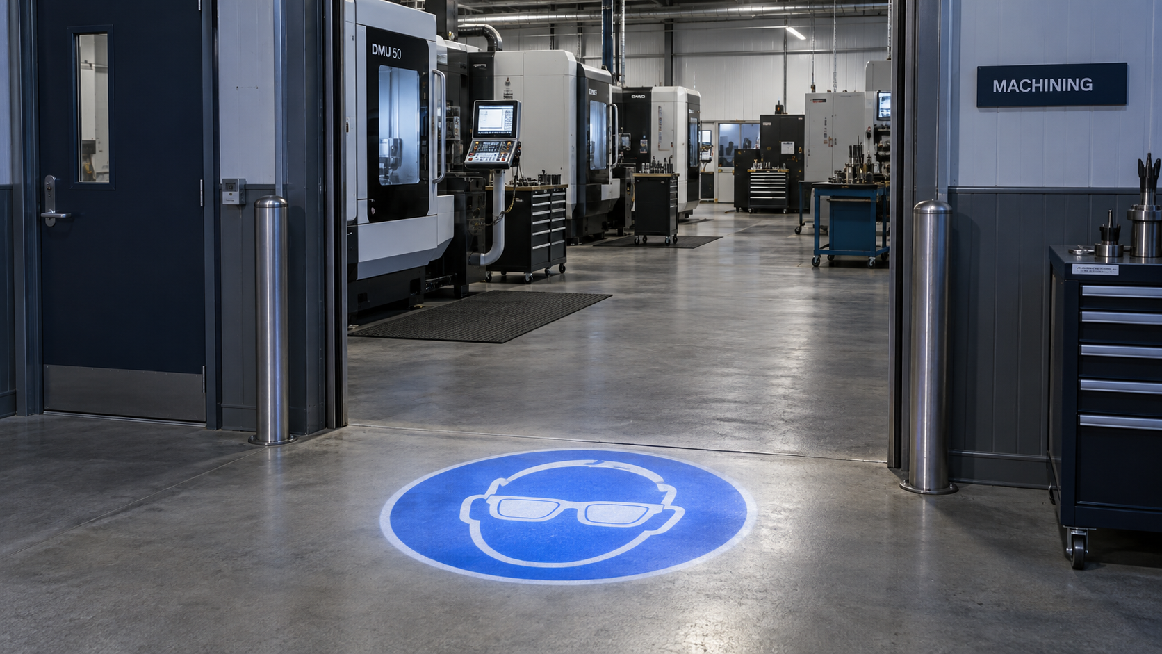 Blue eye protection reminder projected at a machining workshop entrance