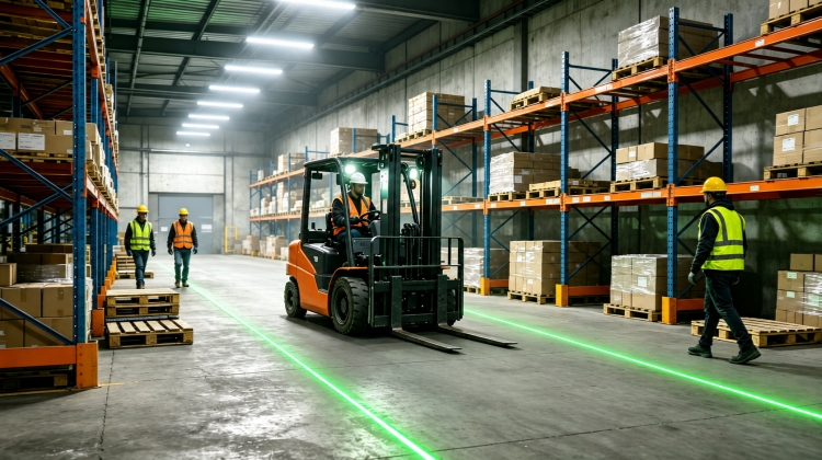 Industrial laser line projector in warehouse