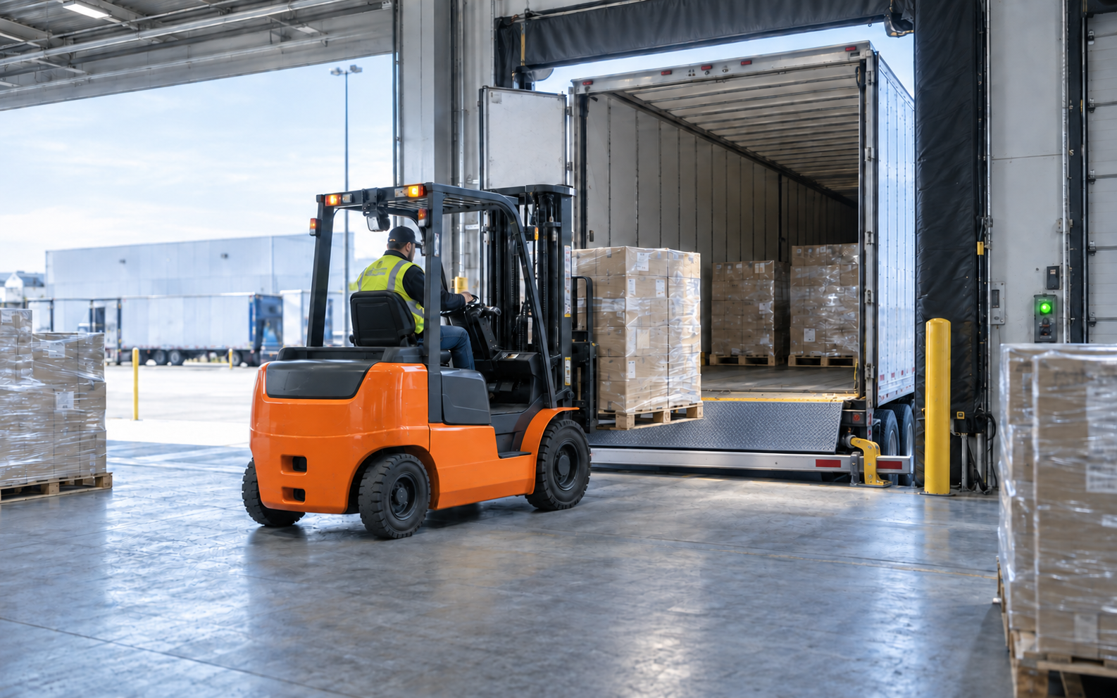 Orange electric forklift carrying a pallet beside a secured trailer at a loading dock