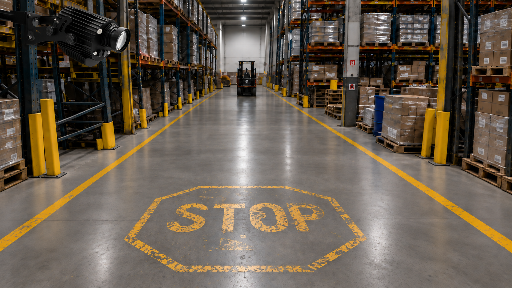 Worn traditional STOP floor marking on a clean warehouse floor