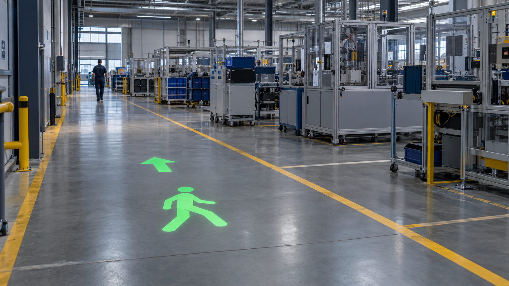 Green pedestrian guidance projection beside a production line