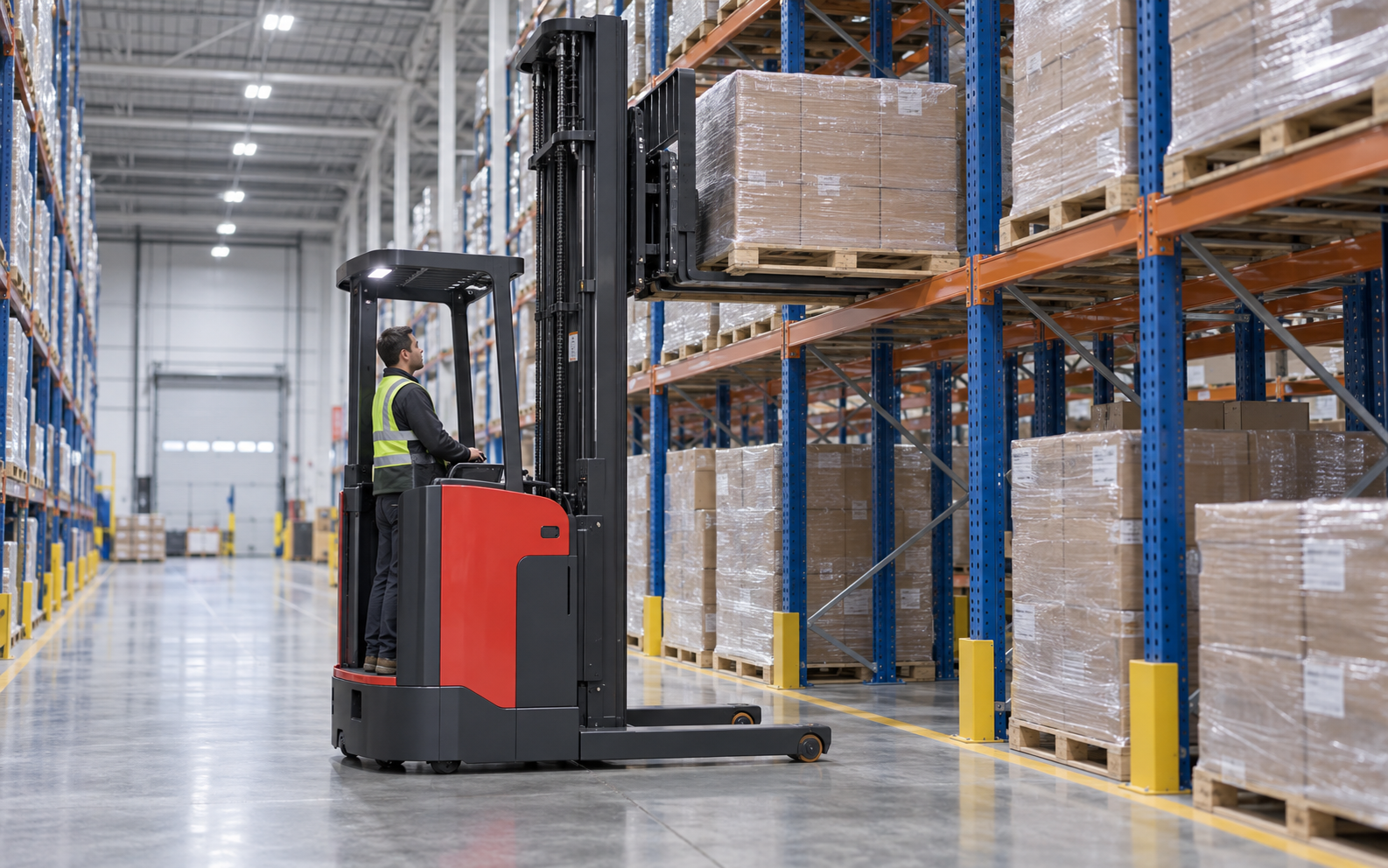 Stand-up electric reach truck placing a pallet into high-bay warehouse racking