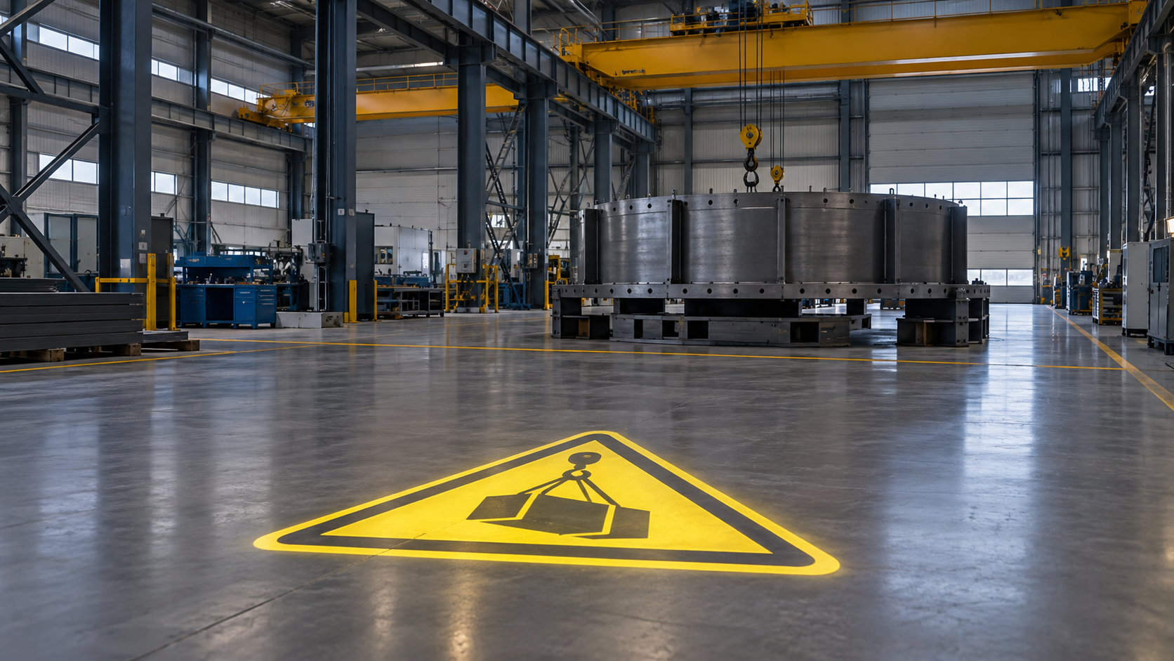 Yellow suspended load warning projection in a fabrication hall