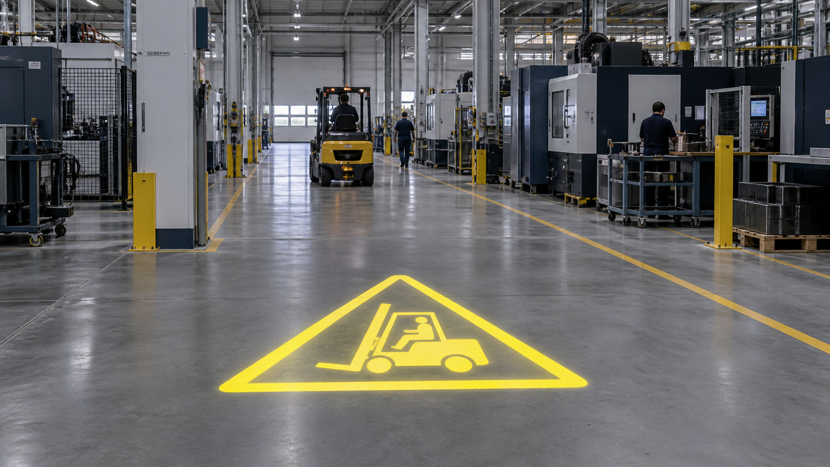 Vehicle warning projection at a manufacturing factory crossing
