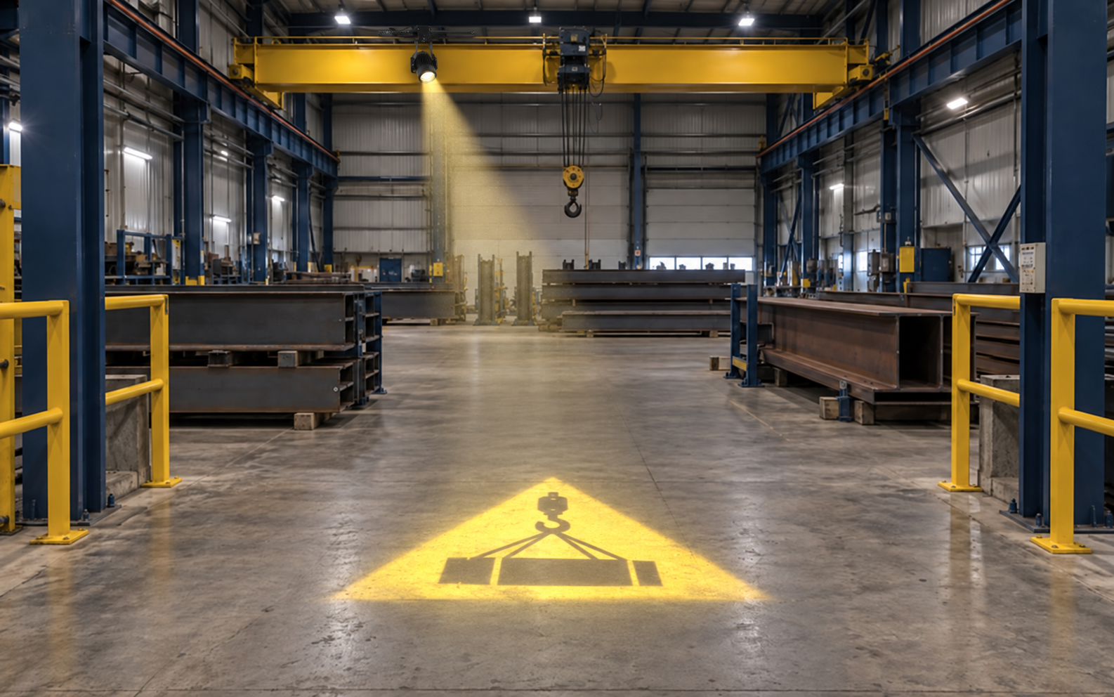 Crane-bay approach: place the warning before the lifting area.